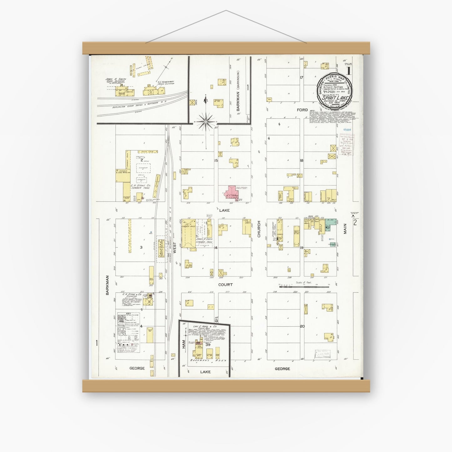 Old map wall art mockup — magnetic wood frame on white wall — Sanborn Fire Insurance Map from Spirit Lake, Dickinson County, Iowa (1900), Sheet #0001