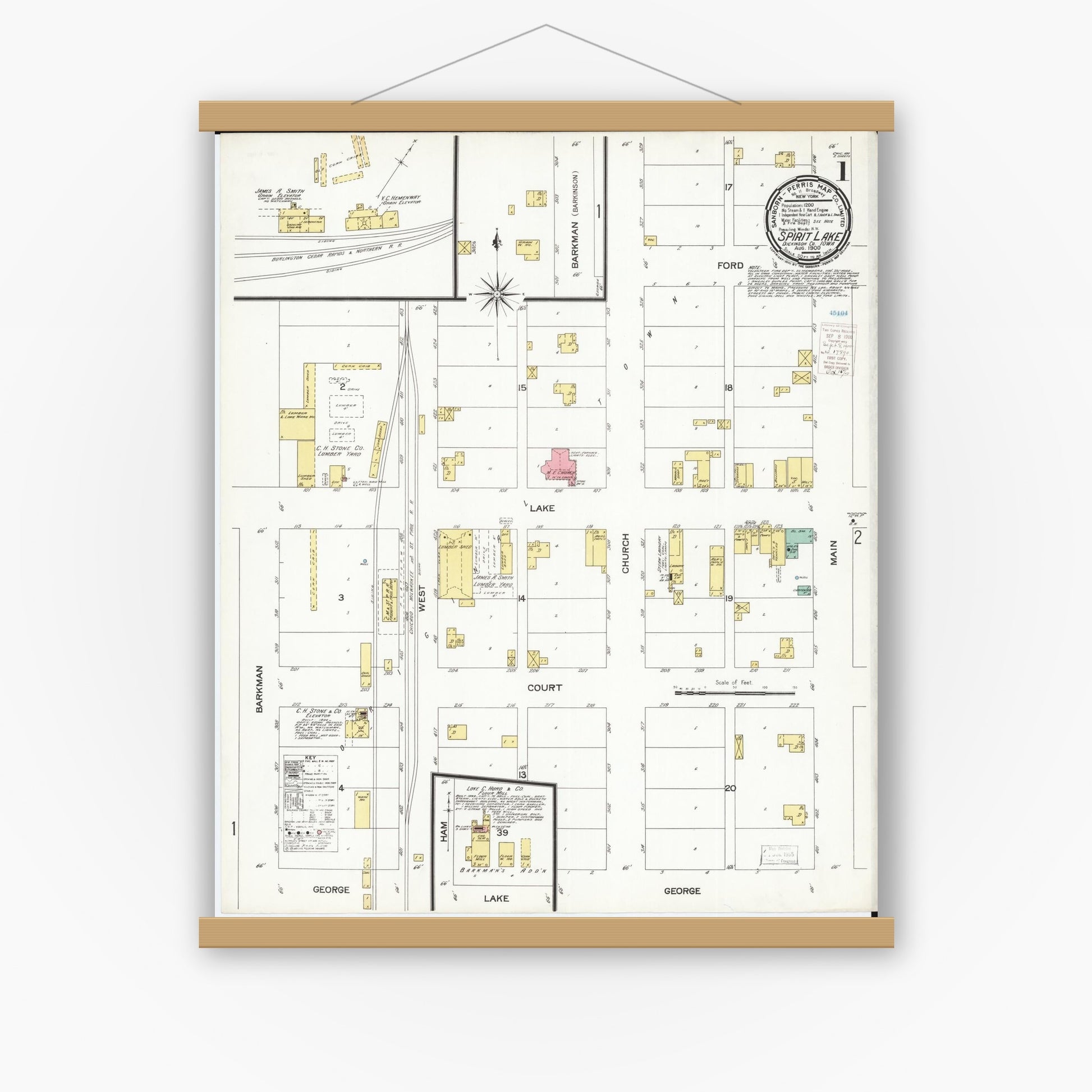 Old map wall art mockup — magnetic wood frame on white wall — Sanborn Fire Insurance Map from Spirit Lake, Dickinson County, Iowa (1900), Sheet #0001