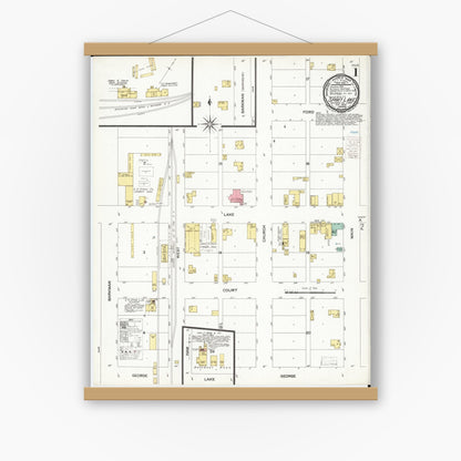 Old map wall art mockup — magnetic wood frame on white wall — Sanborn Fire Insurance Map from Spirit Lake, Dickinson County, Iowa (1900), Sheet #0001