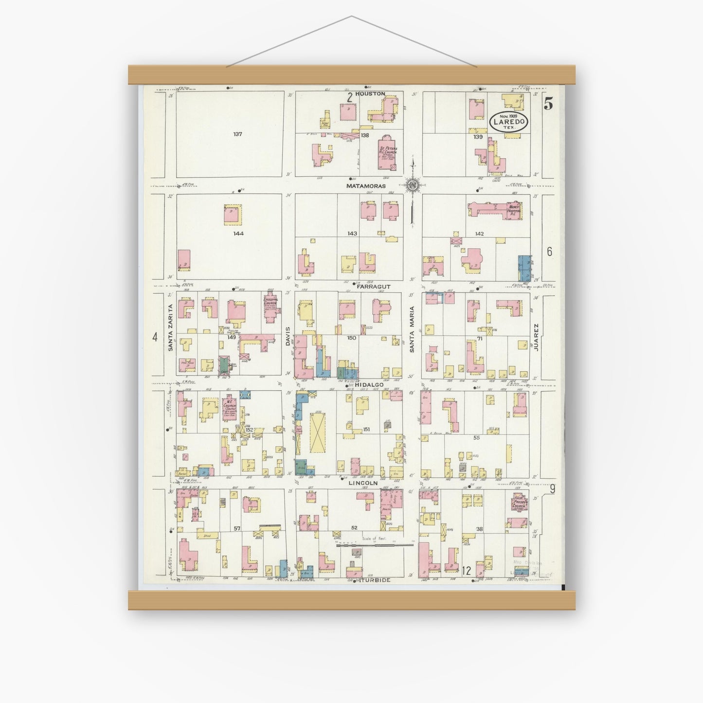 Old map wall art mockup — magnetic wood frame on white wall — Sanborn Fire Insurance Map from Laredo, Webb County, Texas (1909), Sheet #0005