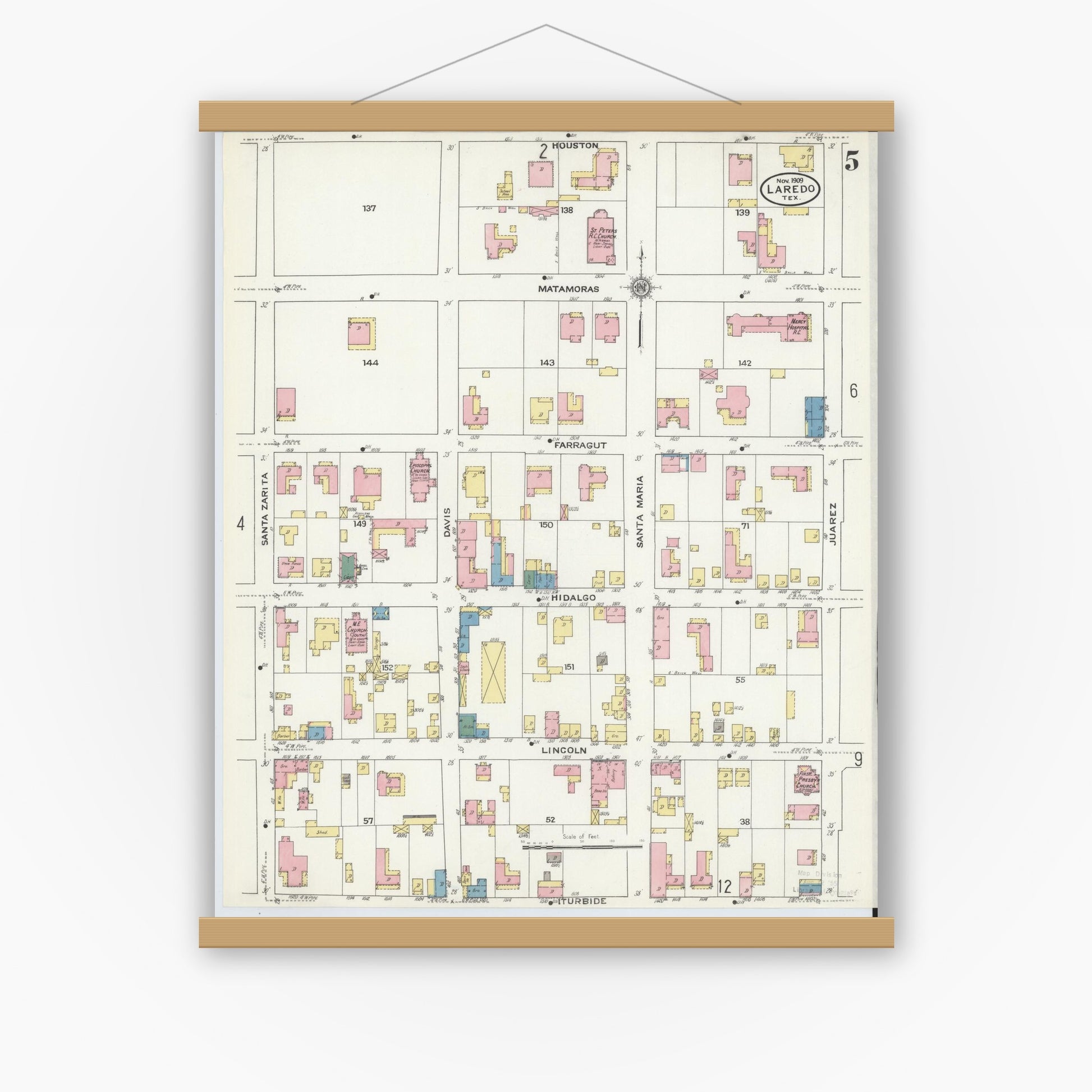 Old map wall art mockup — magnetic wood frame on white wall — Sanborn Fire Insurance Map from Laredo, Webb County, Texas (1909), Sheet #0005
