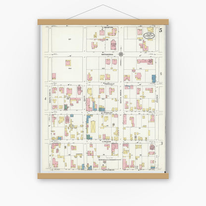 Old map wall art mockup — magnetic wood frame on white wall — Sanborn Fire Insurance Map from Laredo, Webb County, Texas (1909), Sheet #0005