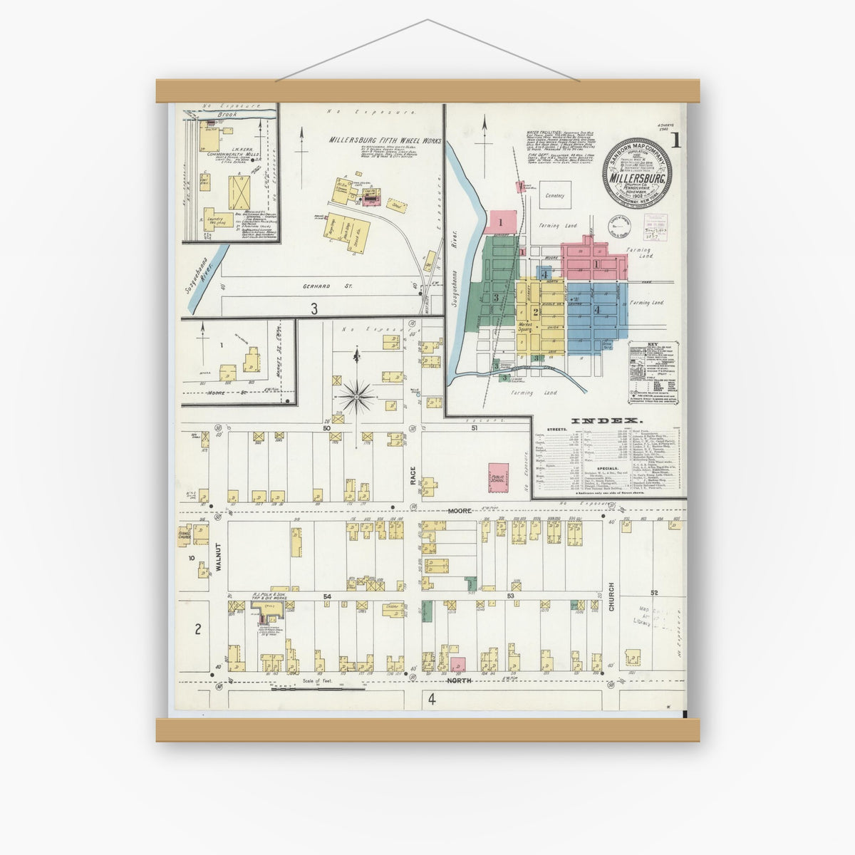 Old map wall art mockup — magnetic wood frame on white wall — Sanborn Fire Insurance Map from Millersburg, Dauphin County, Pennsylvania (1902) - Complete Map Set
