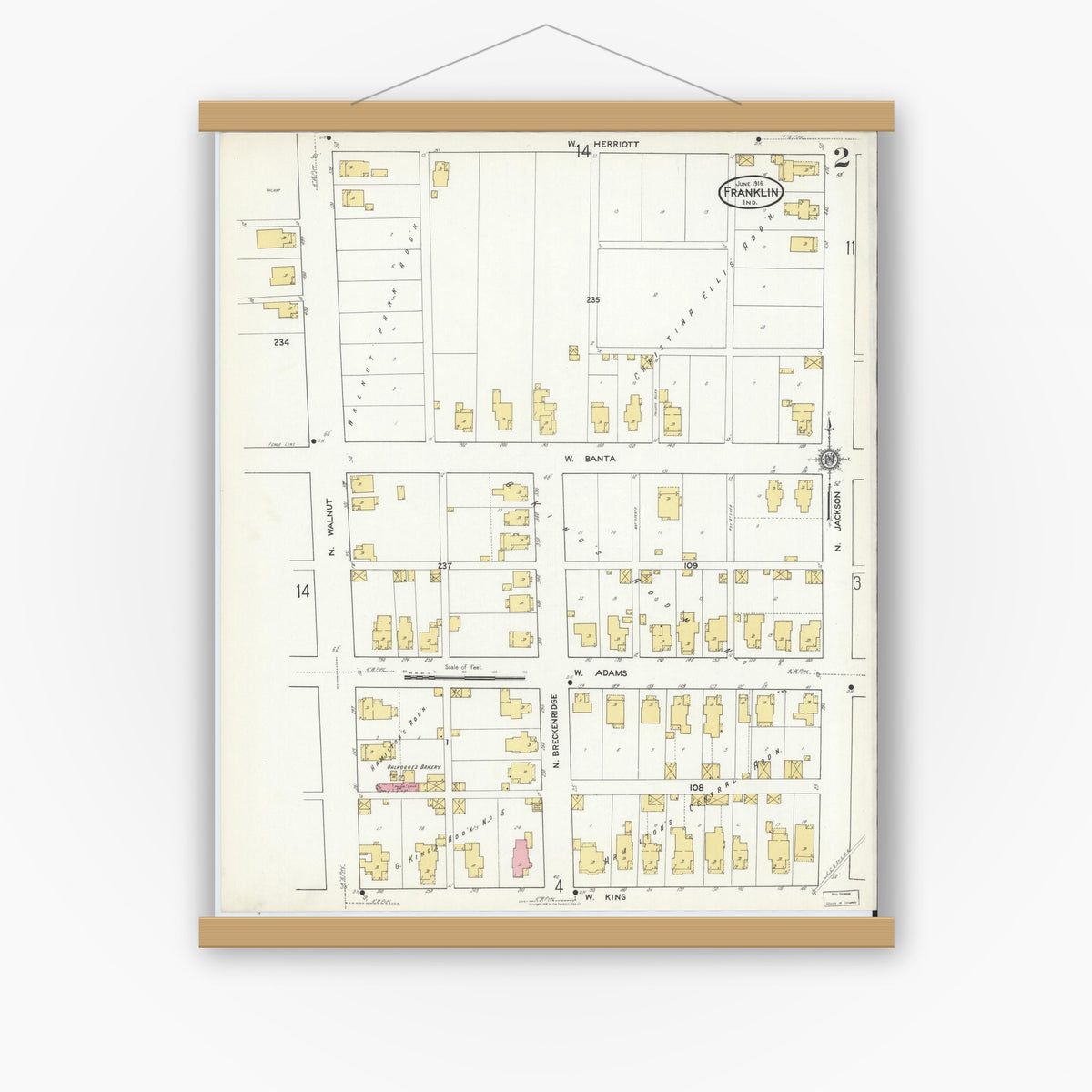 Old map wall art mockup — magnetic wood frame on white wall — Sanborn Fire Insurance Map from Franklin, Johnson County, Indiana (1916), Sheet #0002