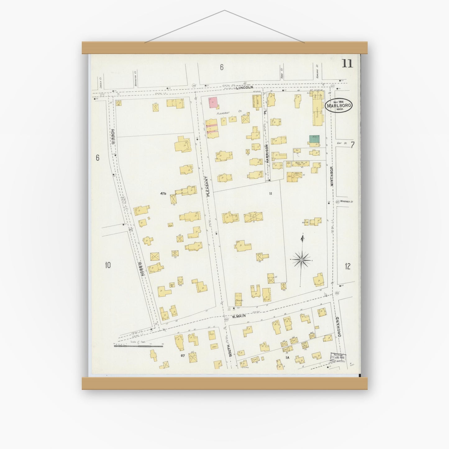 Old map wall art mockup — magnetic wood frame on white wall — Sanborn Fire Insurance Map from Marlborough, Middlesex County, Massachusetts (1906), Sheet #0011