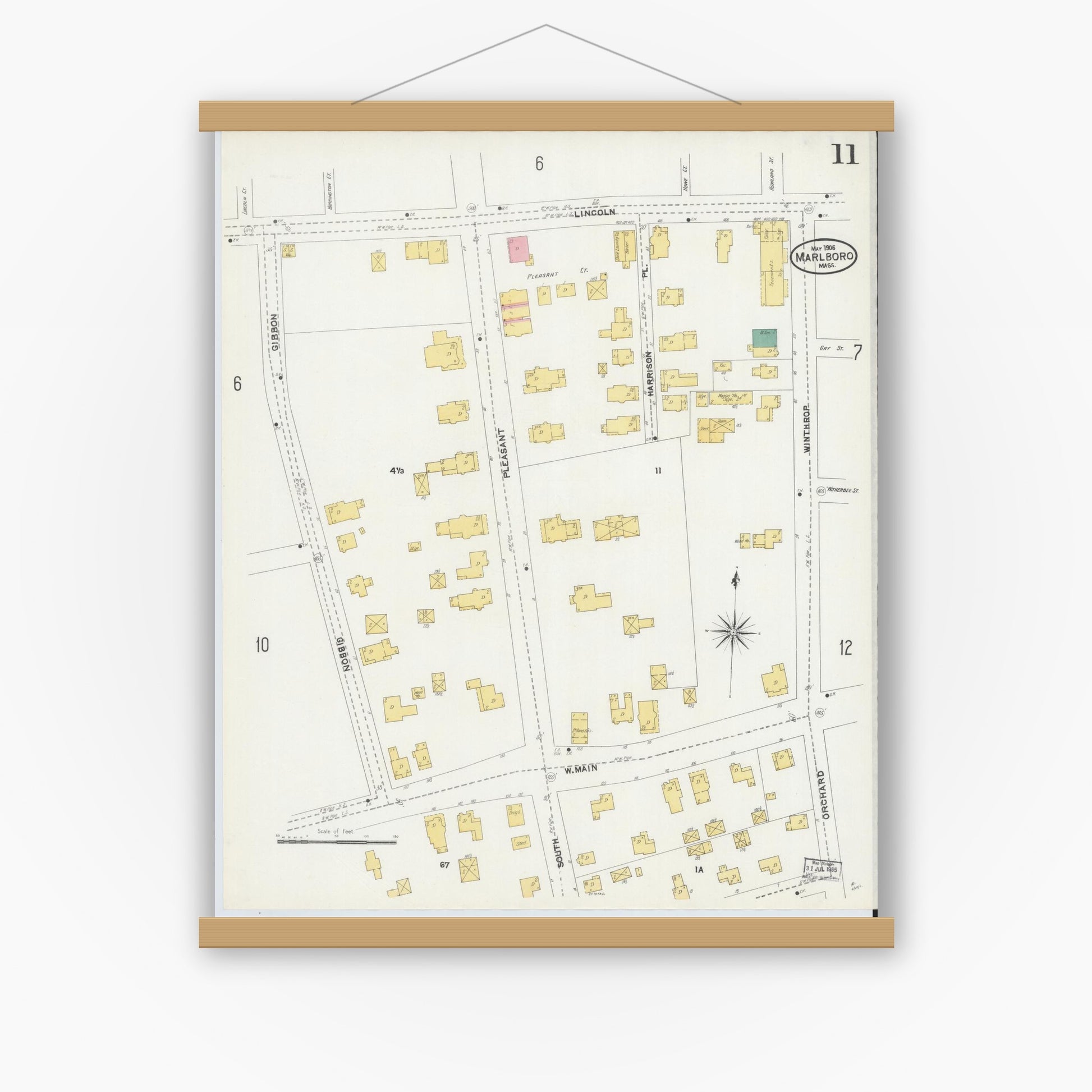 Old map wall art mockup — magnetic wood frame on white wall — Sanborn Fire Insurance Map from Marlborough, Middlesex County, Massachusetts (1906), Sheet #0011