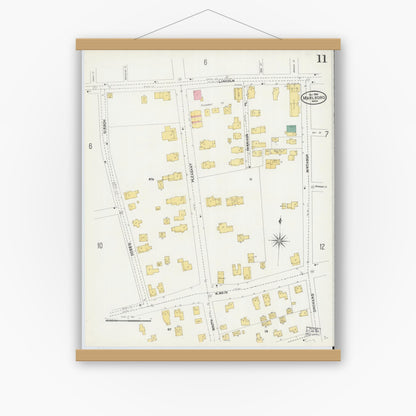Old map wall art mockup — magnetic wood frame on white wall — Sanborn Fire Insurance Map from Marlborough, Middlesex County, Massachusetts (1906), Sheet #0011