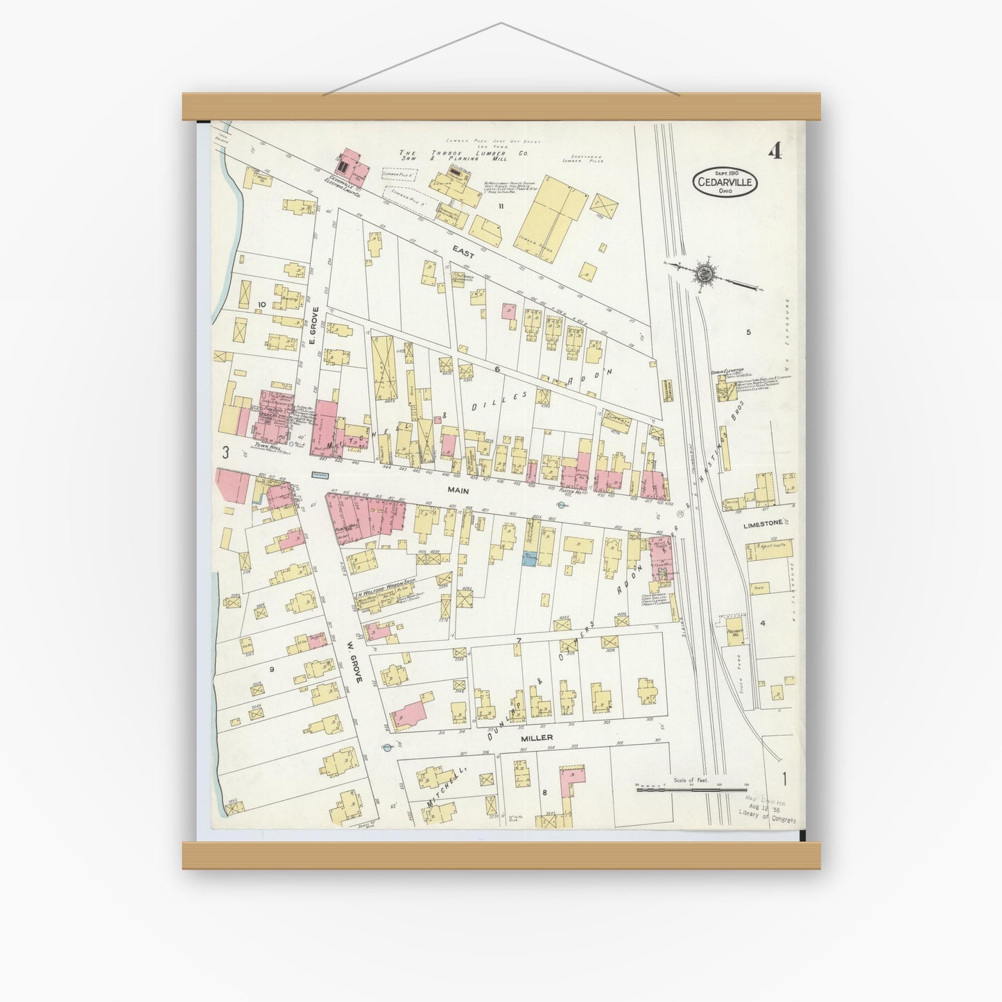 Old map wall art mockup — magnetic wood frame on white wall — Sanborn Fire Insurance Map from Cedarville, Greene County, Ohio (1910), Sheet #0004