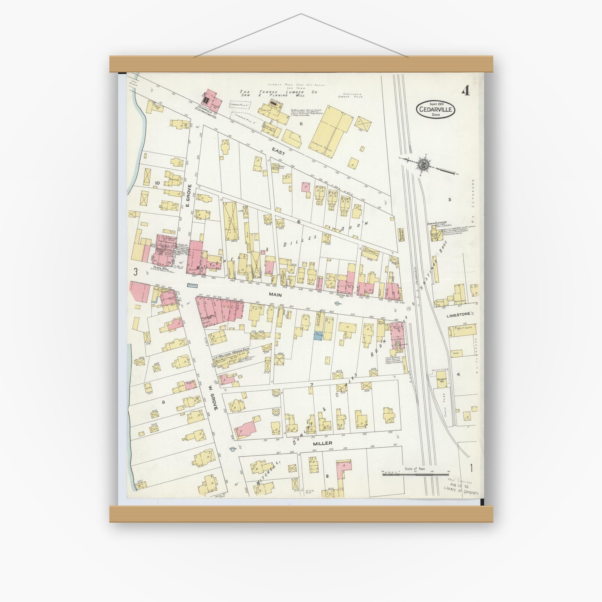 Old map wall art mockup — magnetic wood frame on white wall — Sanborn Fire Insurance Map from Cedarville, Greene County, Ohio (1910), Sheet #0004