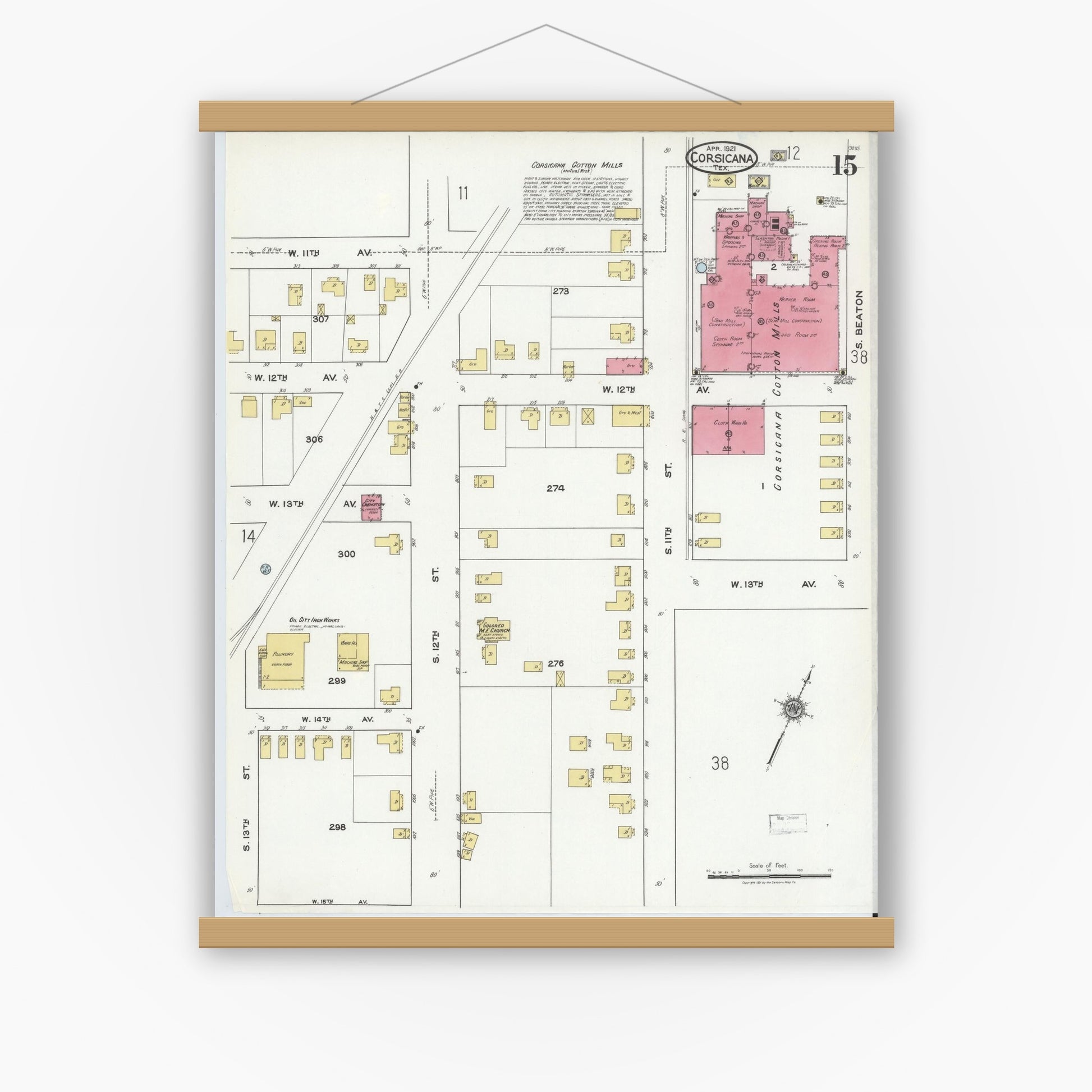 Old map wall art mockup — magnetic wood frame on white wall — Sanborn Fire Insurance Map from Corsicana, Navarro County, Texas (1921), Sheet #0015