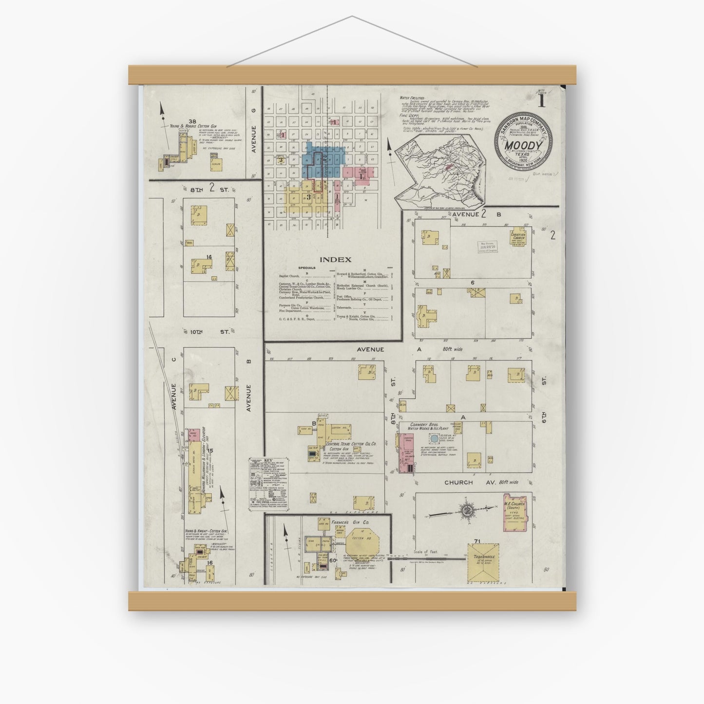 Old map wall art mockup — magnetic wood frame on white wall — Sanborn Fire Insurance Map from Moody, McLennan County, Texas (1920), Sheet #0001