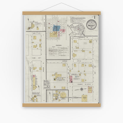Old map wall art mockup — magnetic wood frame on white wall — Sanborn Fire Insurance Map from Moody, McLennan County, Texas (1920), Sheet #0001