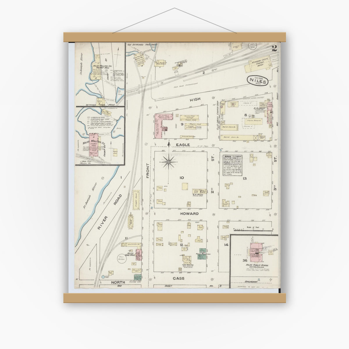 Old map wall art mockup — magnetic wood frame on white wall — Sanborn Fire Insurance Map from Niles, Berrien County, Michigan (1884), Sheet #0002