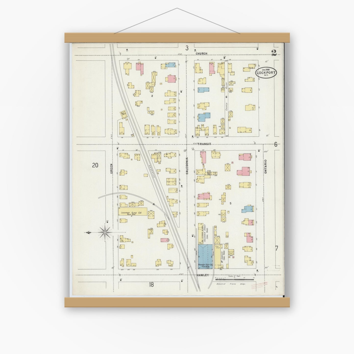 Old map wall art mockup — magnetic wood frame on white wall — Sanborn Fire Insurance Map from Lockport, Niagara County, New York (1898) - Complete Map Set