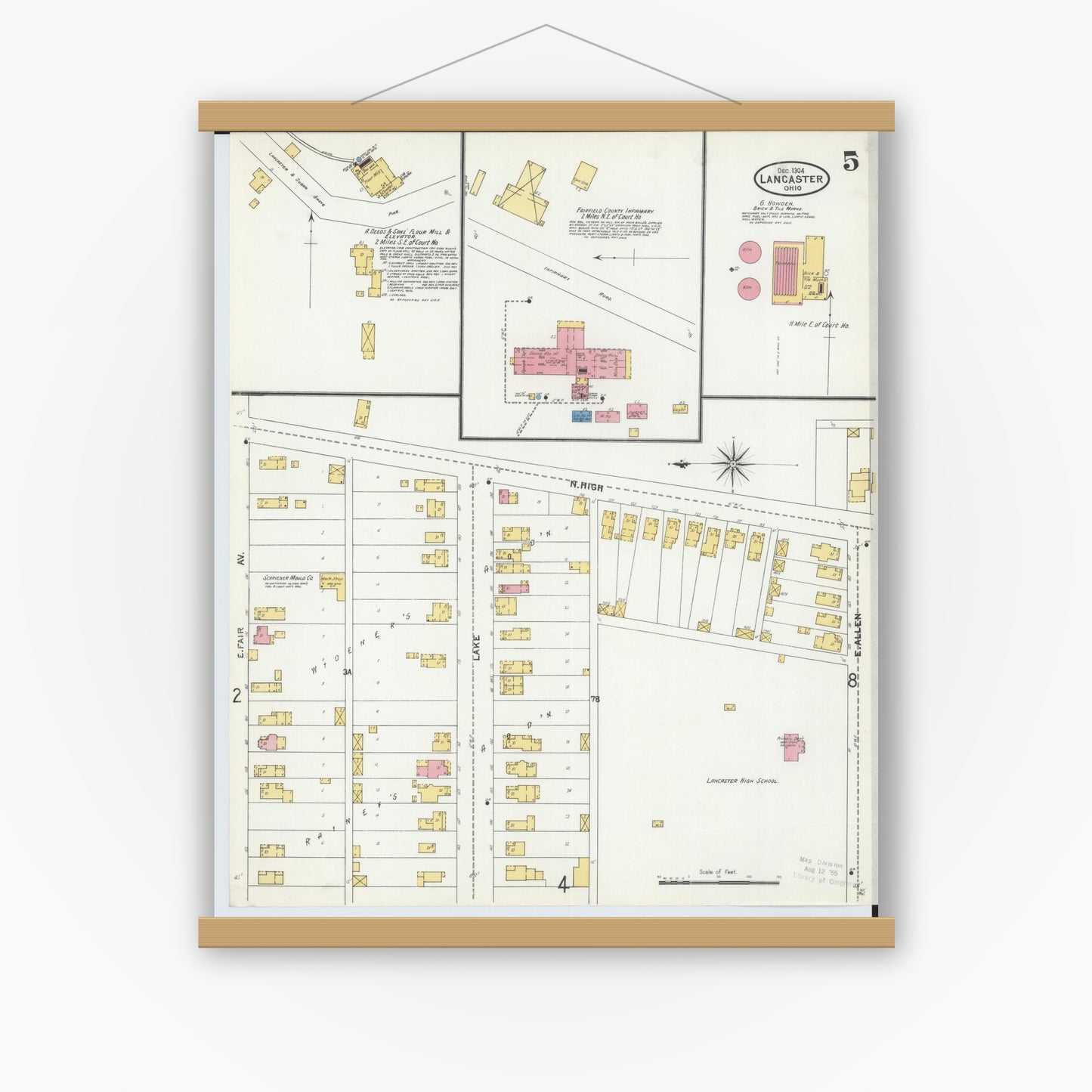 Old map wall art mockup — magnetic wood frame on white wall — Sanborn Fire Insurance Map from Lancaster, Fairfield County, Ohio (1904), Sheet #0005