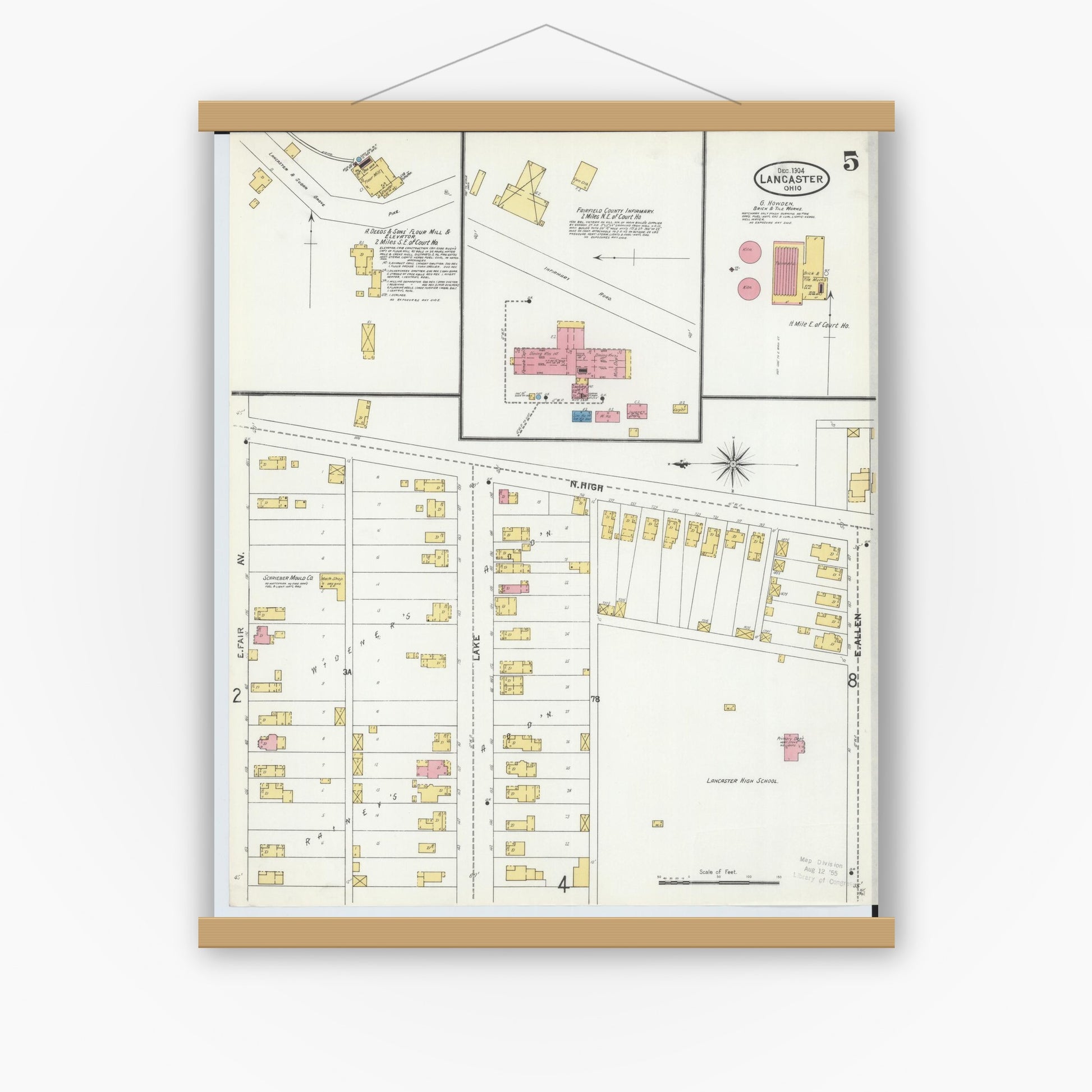 Old map wall art mockup — magnetic wood frame on white wall — Sanborn Fire Insurance Map from Lancaster, Fairfield County, Ohio (1904), Sheet #0005