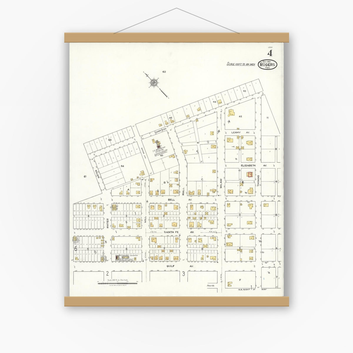 Old map wall art mockup — magnetic wood frame on white wall — Sanborn Fire Insurance Map from Rogers, Bell County, Texas (1921), Sheet #0004