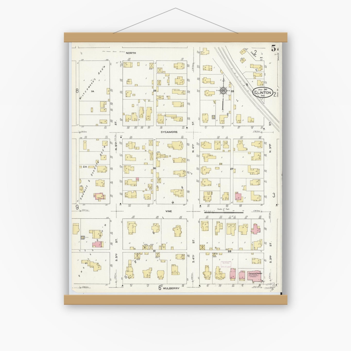 Old map wall art mockup — magnetic wood frame on white wall — Sanborn Fire Insurance Map from Clinton, Vermillion County, Indiana (1910), Sheet #0005