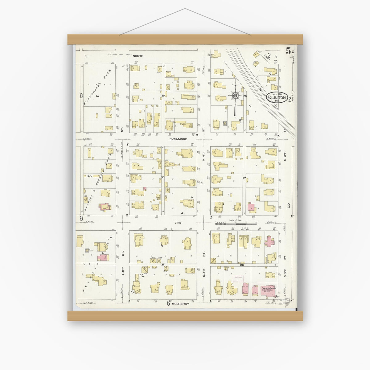 Old map wall art mockup — magnetic wood frame on white wall — Sanborn Fire Insurance Map from Clinton, Vermillion County, Indiana (1910), Sheet #0005