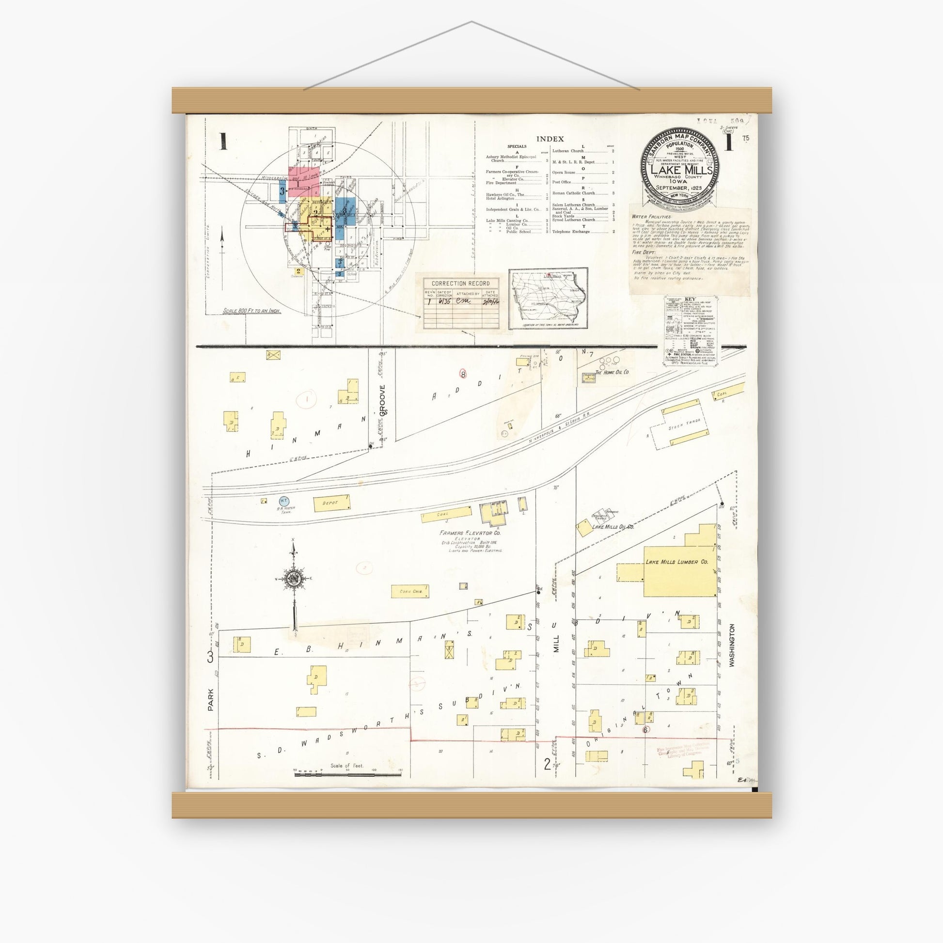 Old map wall art mockup — magnetic wood frame on white wall — Sanborn Fire Insurance Map from Lake Mills, Winnebago County, Iowa (1935), Sheet #0001