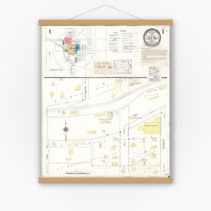 Old map wall art mockup — magnetic wood frame on white wall — Sanborn Fire Insurance Map from Lake Mills, Winnebago County, Iowa (1935), Sheet #0001
