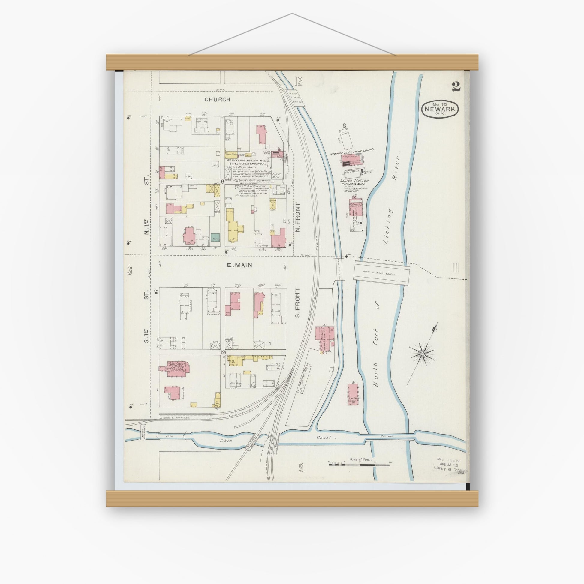 Old map wall art mockup — magnetic wood frame on white wall — Sanborn Fire Insurance Map from Newark, Licking County, Ohio (1893), Sheet #0002