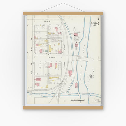 Old map wall art mockup — magnetic wood frame on white wall — Sanborn Fire Insurance Map from Newark, Licking County, Ohio (1893), Sheet #0002