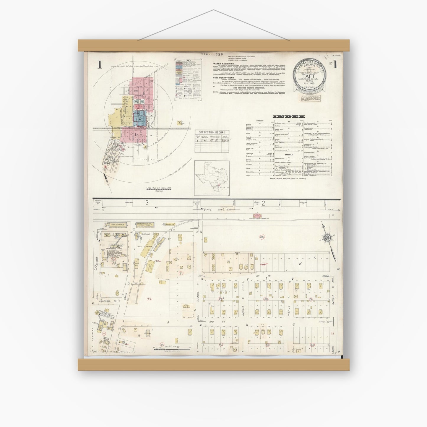 Old map wall art mockup — magnetic wood frame on white wall — Sanborn Fire Insurance Map from Taft, San Patricio County, Texas (1942) - Complete Map Set