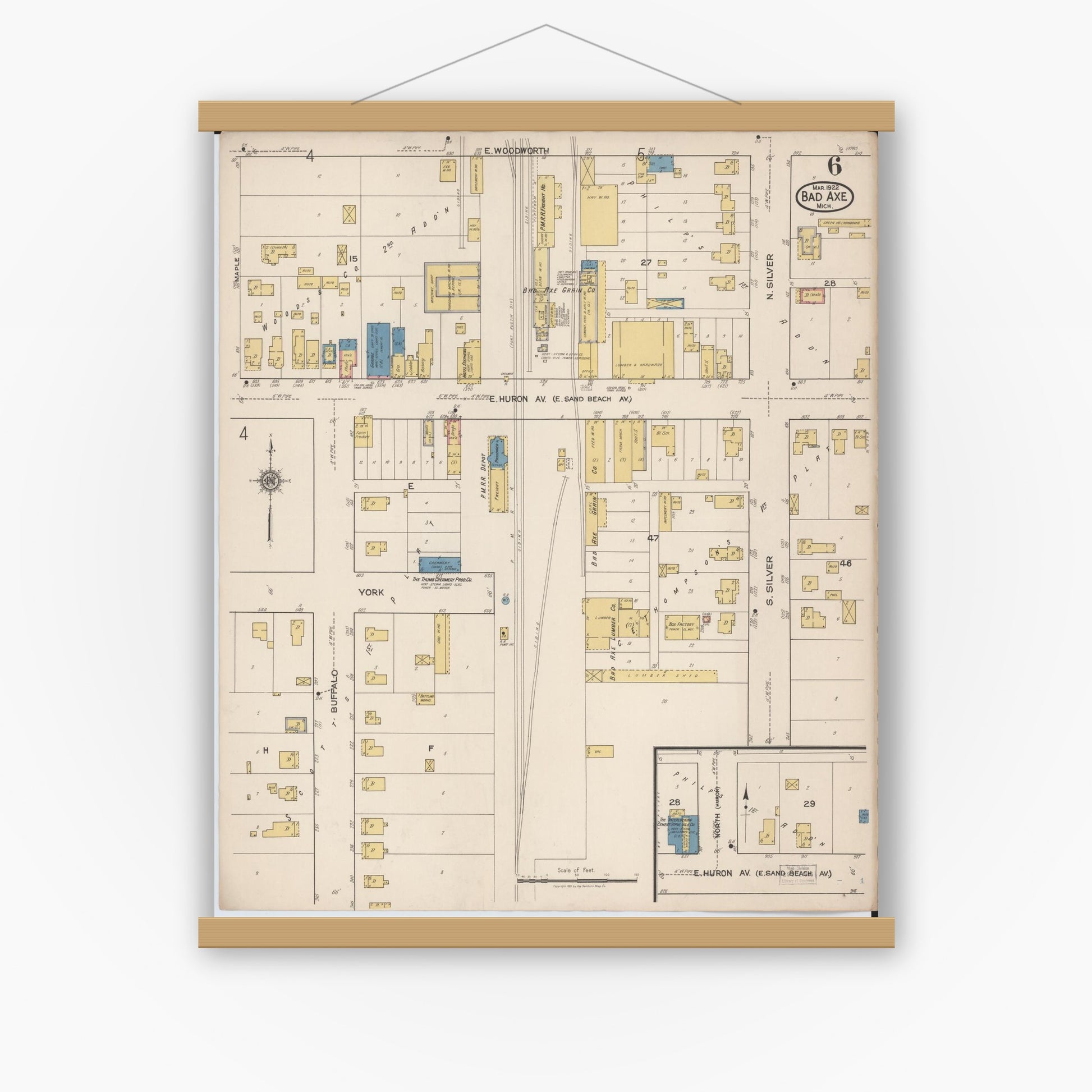 Old map wall art mockup — magnetic wood frame on white wall — Sanborn Fire Insurance Map from Bad Axe, Huron County, Michigan (1922), Sheet #0006