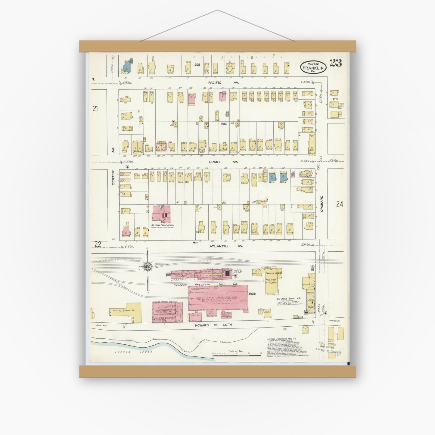 Old map wall art mockup — magnetic wood frame on white wall — Sanborn Fire Insurance Map from Franklin, Venango County, Pennsylvania (1912), Sheet #0023