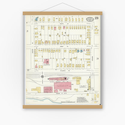 Old map wall art mockup — magnetic wood frame on white wall — Sanborn Fire Insurance Map from Franklin, Venango County, Pennsylvania (1912), Sheet #0023