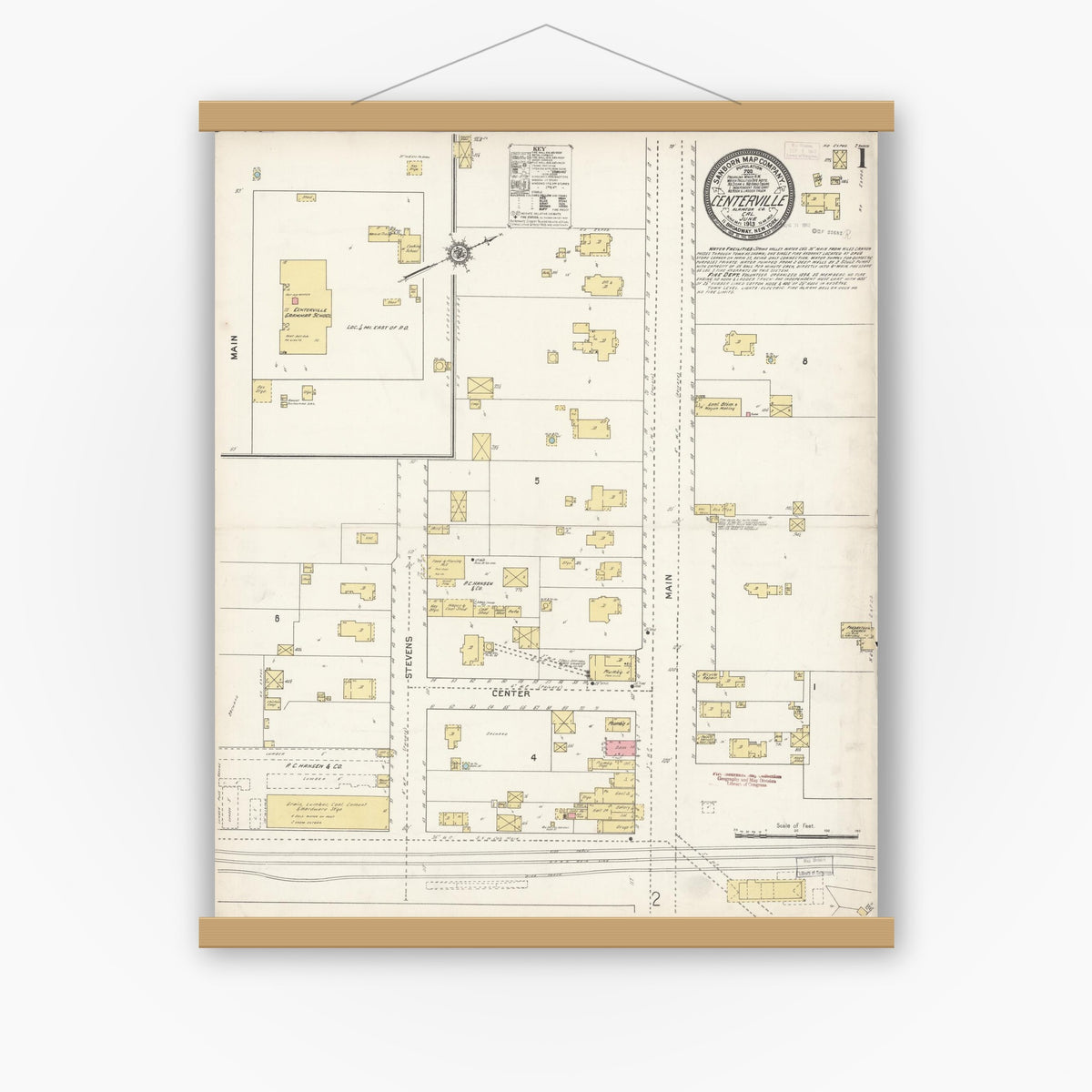 Old map wall art mockup — magnetic wood frame on white wall — Sanborn Fire Insurance Map from Centerville, Alameda County, California (1913), Sheet #0001