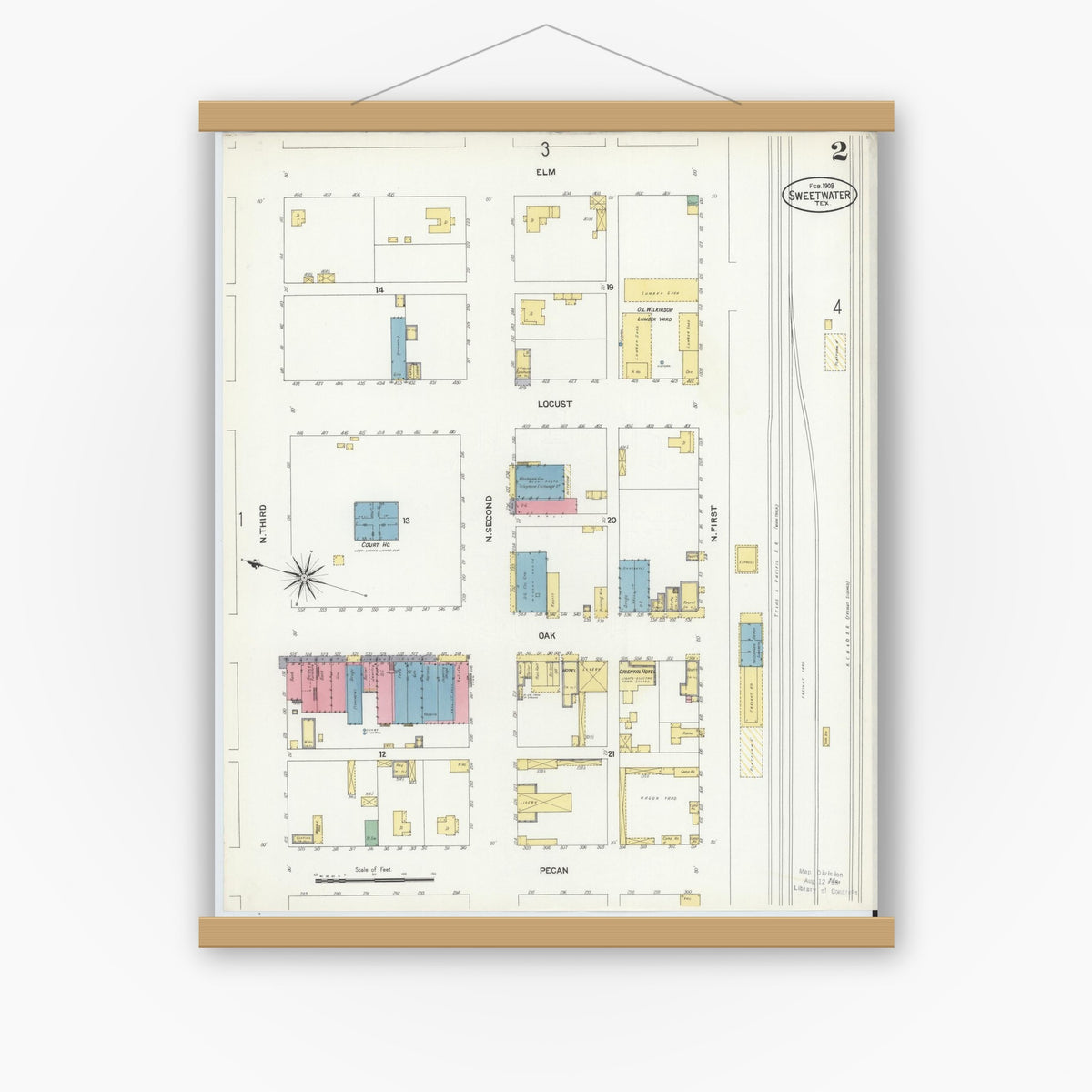 Old map wall art mockup — magnetic wood frame on white wall — Sanborn Fire Insurance Map from Sweetwater, Nolan County, Texas (1908), Sheet #0002