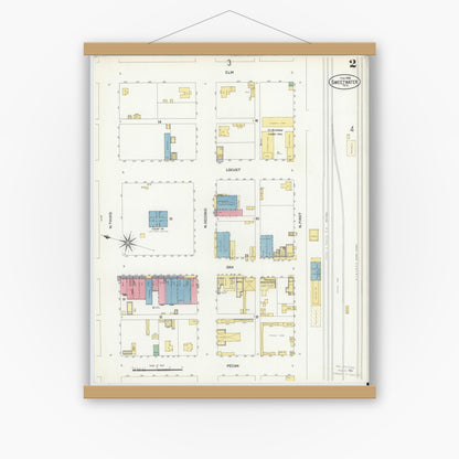 Old map wall art mockup — magnetic wood frame on white wall — Sanborn Fire Insurance Map from Sweetwater, Nolan County, Texas (1908), Sheet #0002