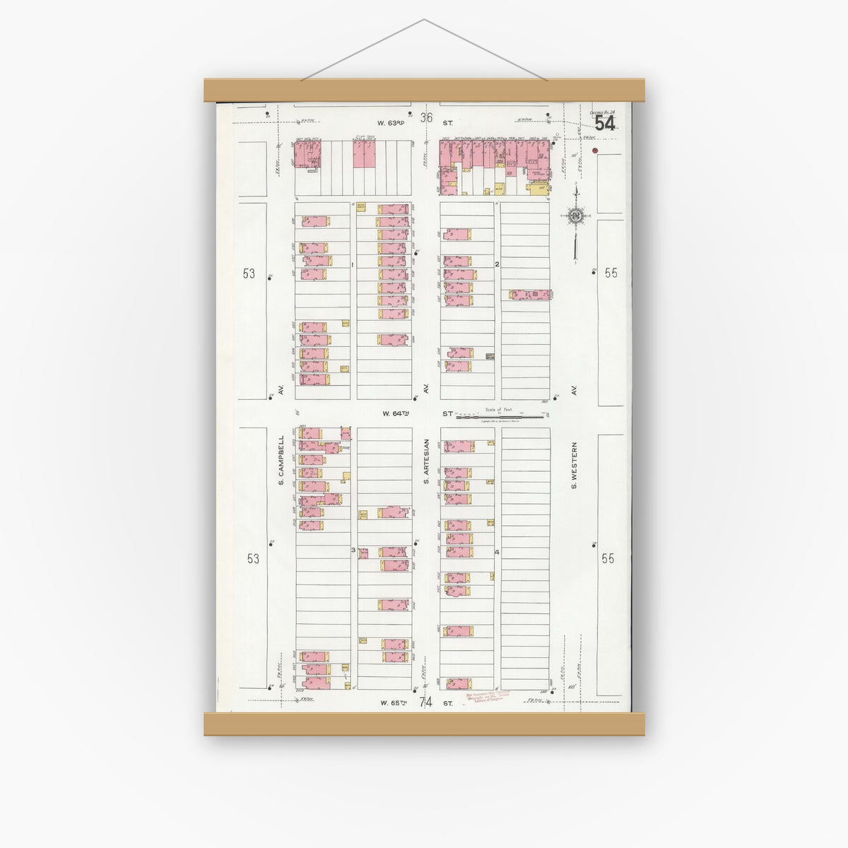 Old map wall art mockup — magnetic wood frame on white wall — Sanborn Fire Insurance Map from Chicago, Cook County, Illinois (1920), Sheet #0054
