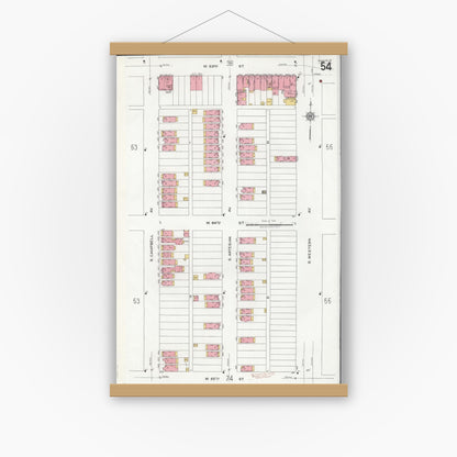 Old map wall art mockup — magnetic wood frame on white wall — Sanborn Fire Insurance Map from Chicago, Cook County, Illinois (1920), Sheet #0054