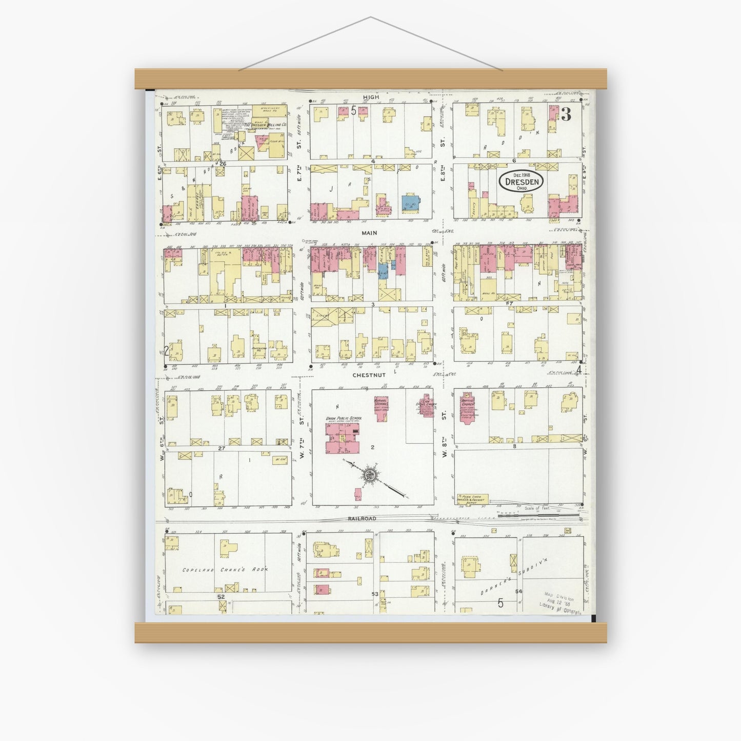 Old map wall art mockup — magnetic wood frame on white wall — Sanborn Fire Insurance Map from Dresden, Muskingum County, Ohio (1918), Sheet #0003