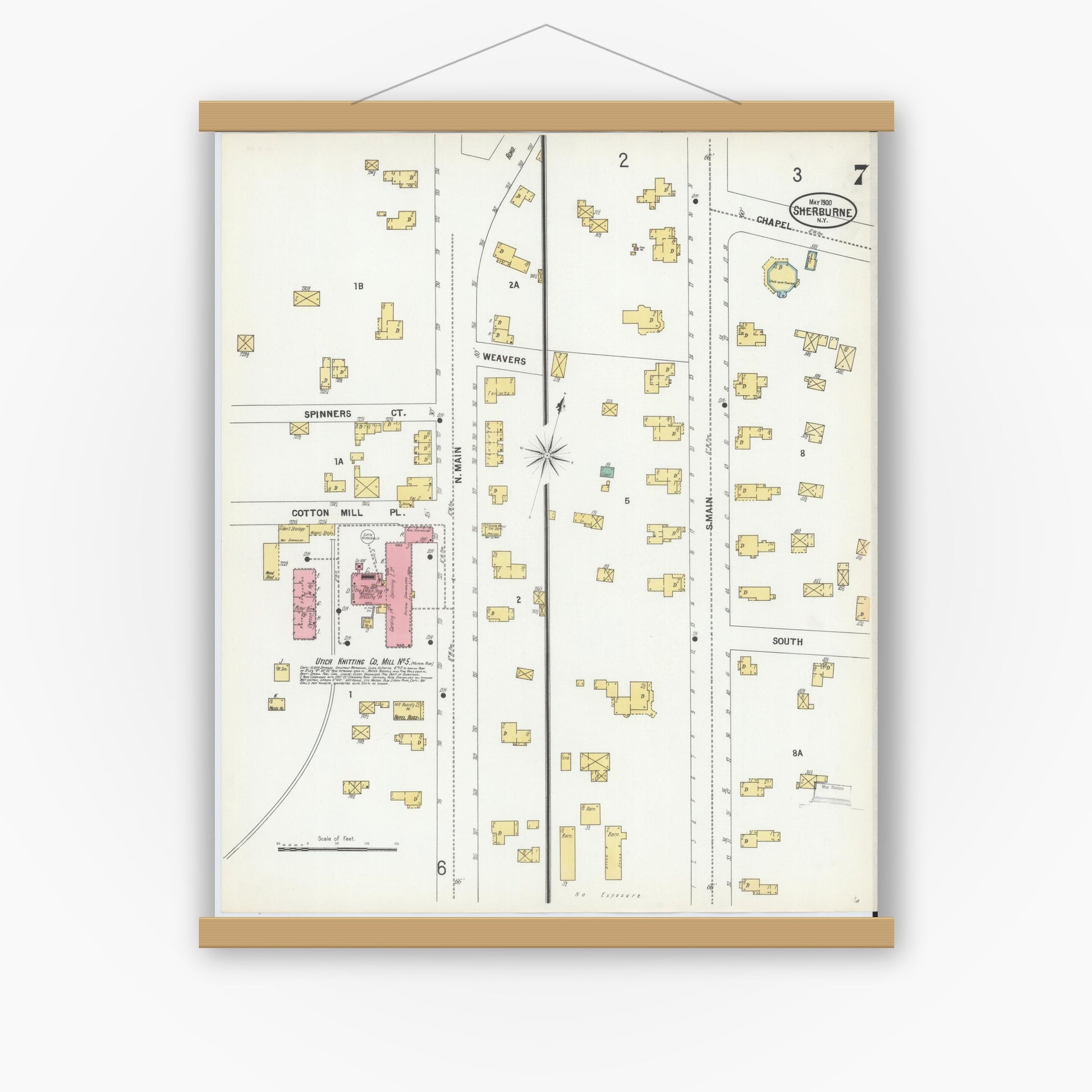 Old map wall art mockup — magnetic wood frame on white wall — Sanborn Fire Insurance Map from Sherburne, Chenango County, New York (1900), Sheet #0007