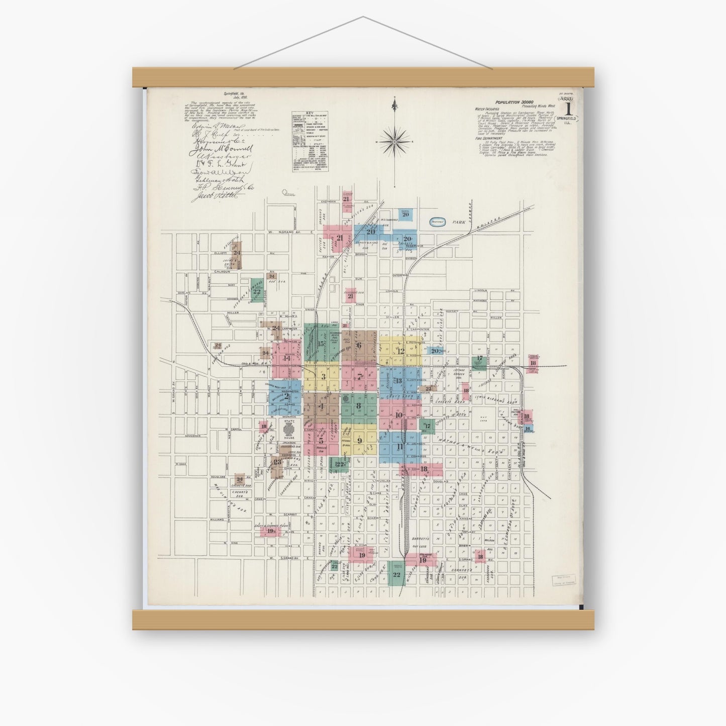 Old map wall art mockup — magnetic wood frame on white wall — Sanborn Fire Insurance Map from Springfield, Sangamon County, Illinois (1890), Sheet #0001