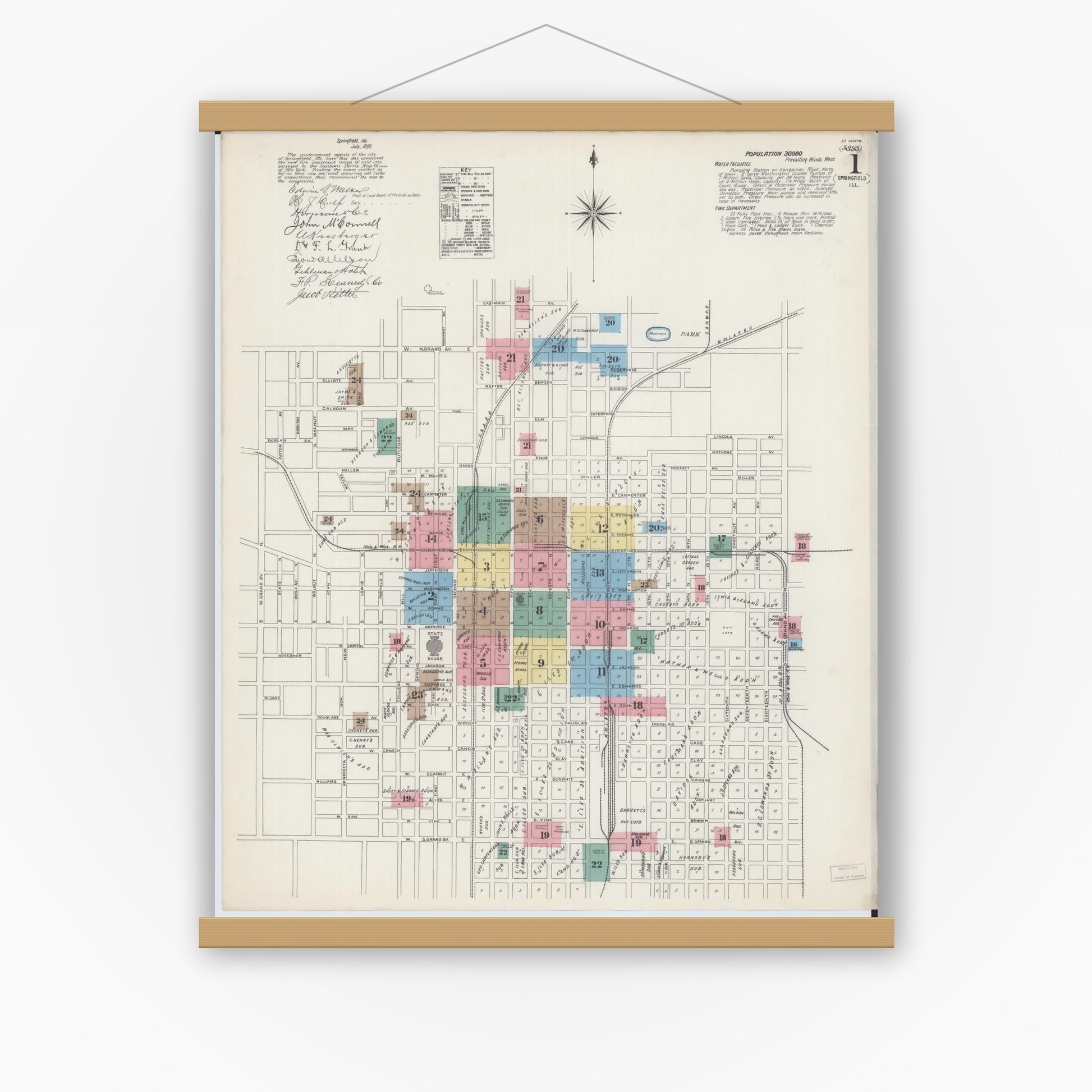 Old map wall art mockup — magnetic wood frame on white wall — Sanborn Fire Insurance Map from Springfield, Sangamon County, Illinois (1890), Sheet #0001