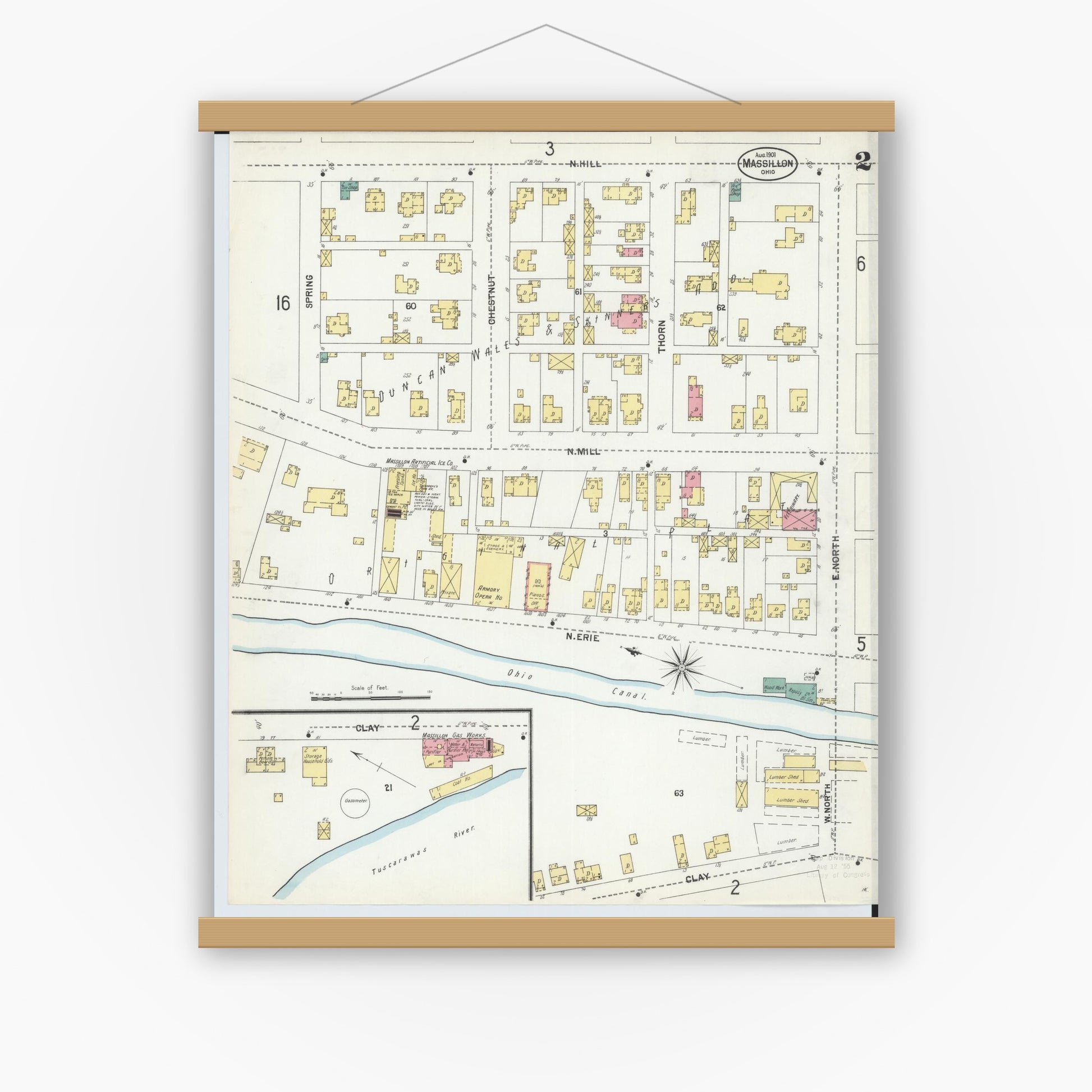 Old map wall art mockup — magnetic wood frame on white wall — Sanborn Fire Insurance Map from Massillon, Stark County, Ohio (1901), Sheet #0002
