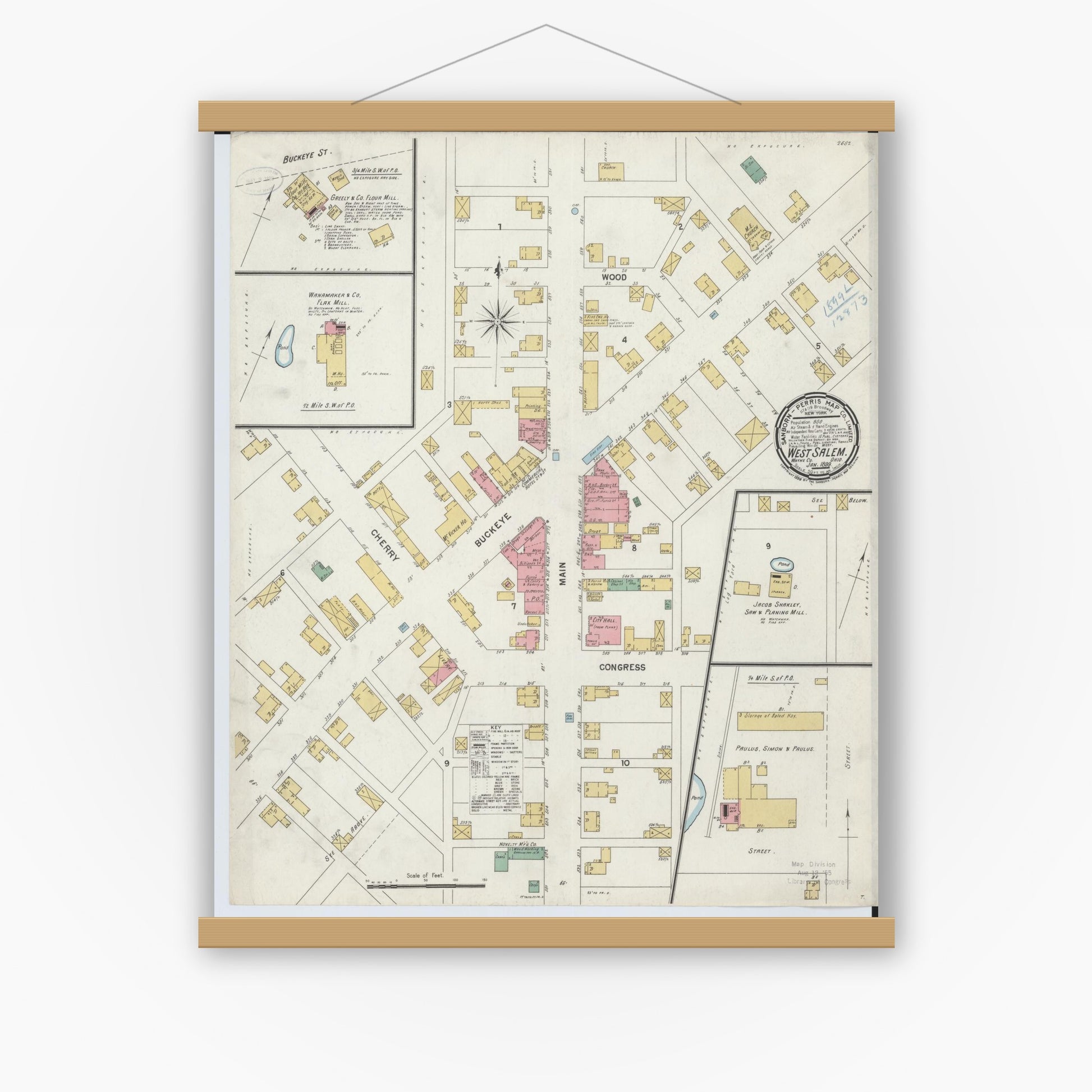 Old map wall art mockup — magnetic wood frame on white wall — Sanborn Fire Insurance Map from West Salem, Wayne County, Ohio (1899), Sheet #0001