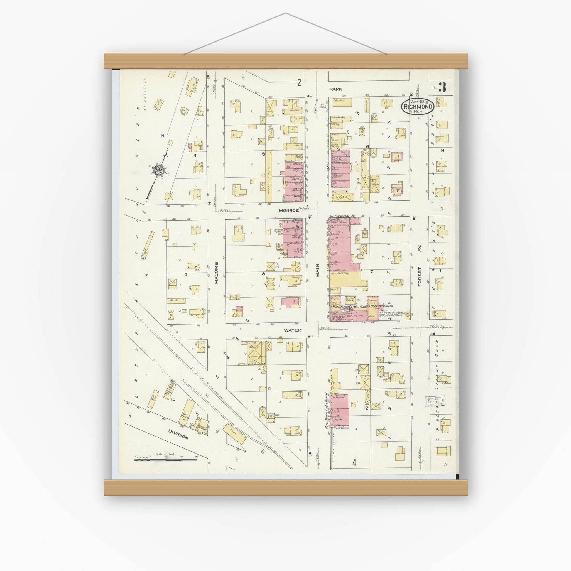 Old map wall art mockup — magnetic wood frame on white wall — Sanborn Fire Insurance Map from Richmond, Macomb County, Michigan (1913), Sheet #0003