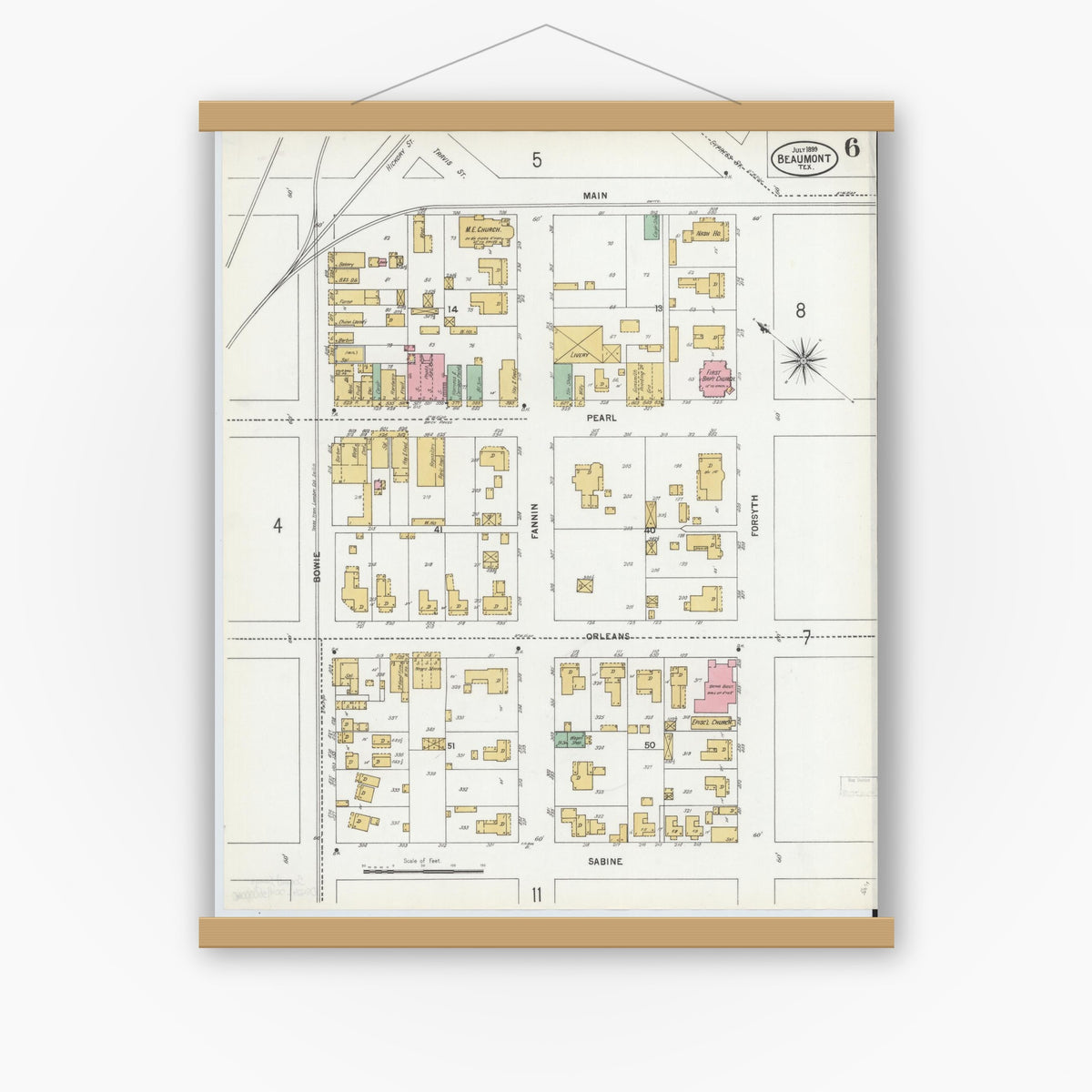 Old map wall art mockup — magnetic wood frame on white wall — Sanborn Fire Insurance Map from Beaumont, Jefferson County, Texas (1899), Sheet #0006