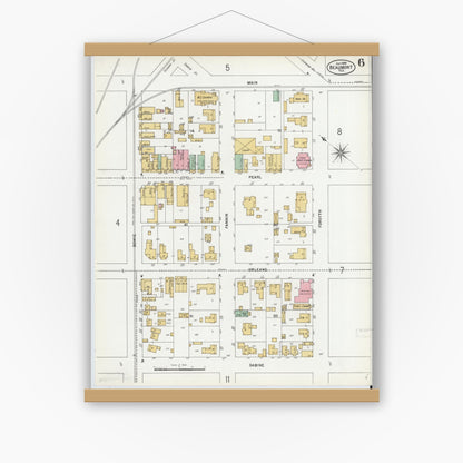 Old map wall art mockup — magnetic wood frame on white wall — Sanborn Fire Insurance Map from Beaumont, Jefferson County, Texas (1899), Sheet #0006