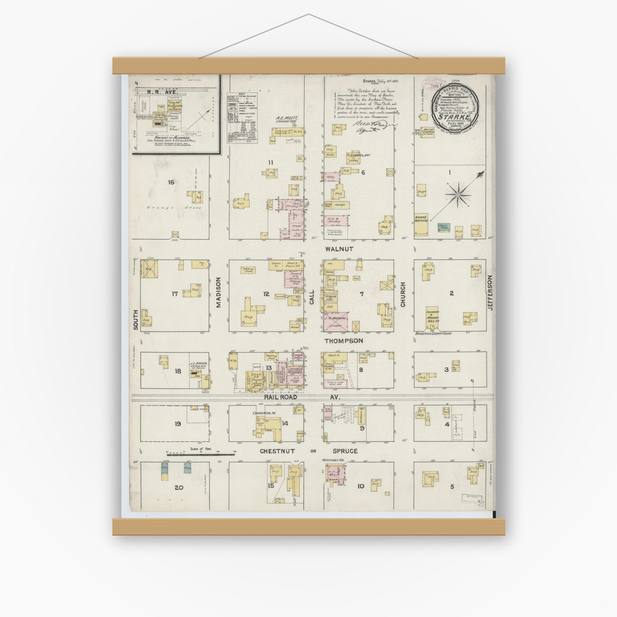 Old map wall art mockup — magnetic wood frame on white wall — Sanborn Fire Insurance Map from Starke, Bradford County, Florida (1890), Sheet #0001