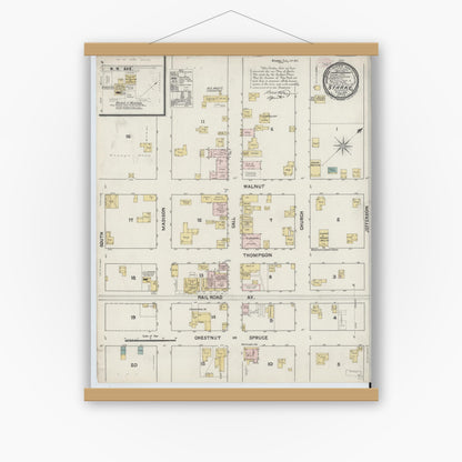 Old map wall art mockup — magnetic wood frame on white wall — Sanborn Fire Insurance Map from Starke, Bradford County, Florida (1890), Sheet #0001
