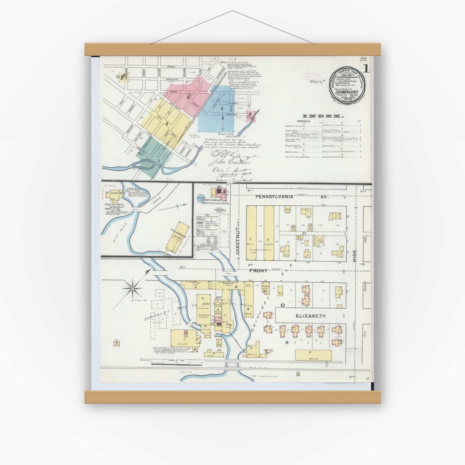 Old map wall art mockup — magnetic wood frame on white wall — Sanborn Fire Insurance Map from Dowagiac, Cass County, Michigan (1892) - Complete Map Set