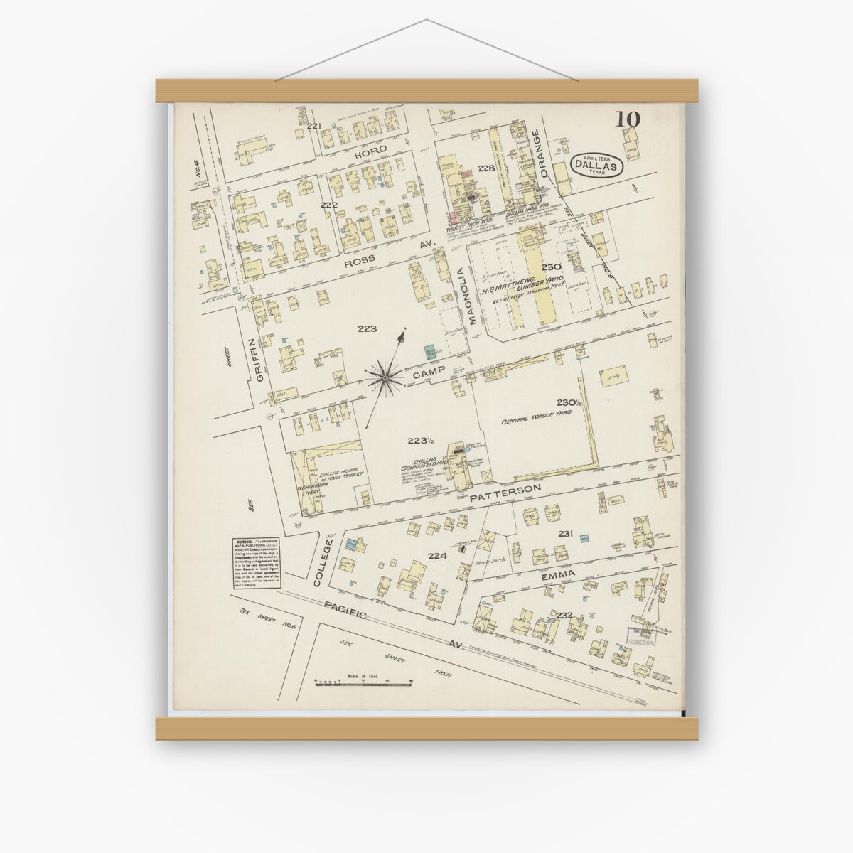 Old map wall art mockup — magnetic wood frame on white wall — Sanborn Fire Insurance Map from Dallas, Dallas County, Texas (1885), Sheet #0010