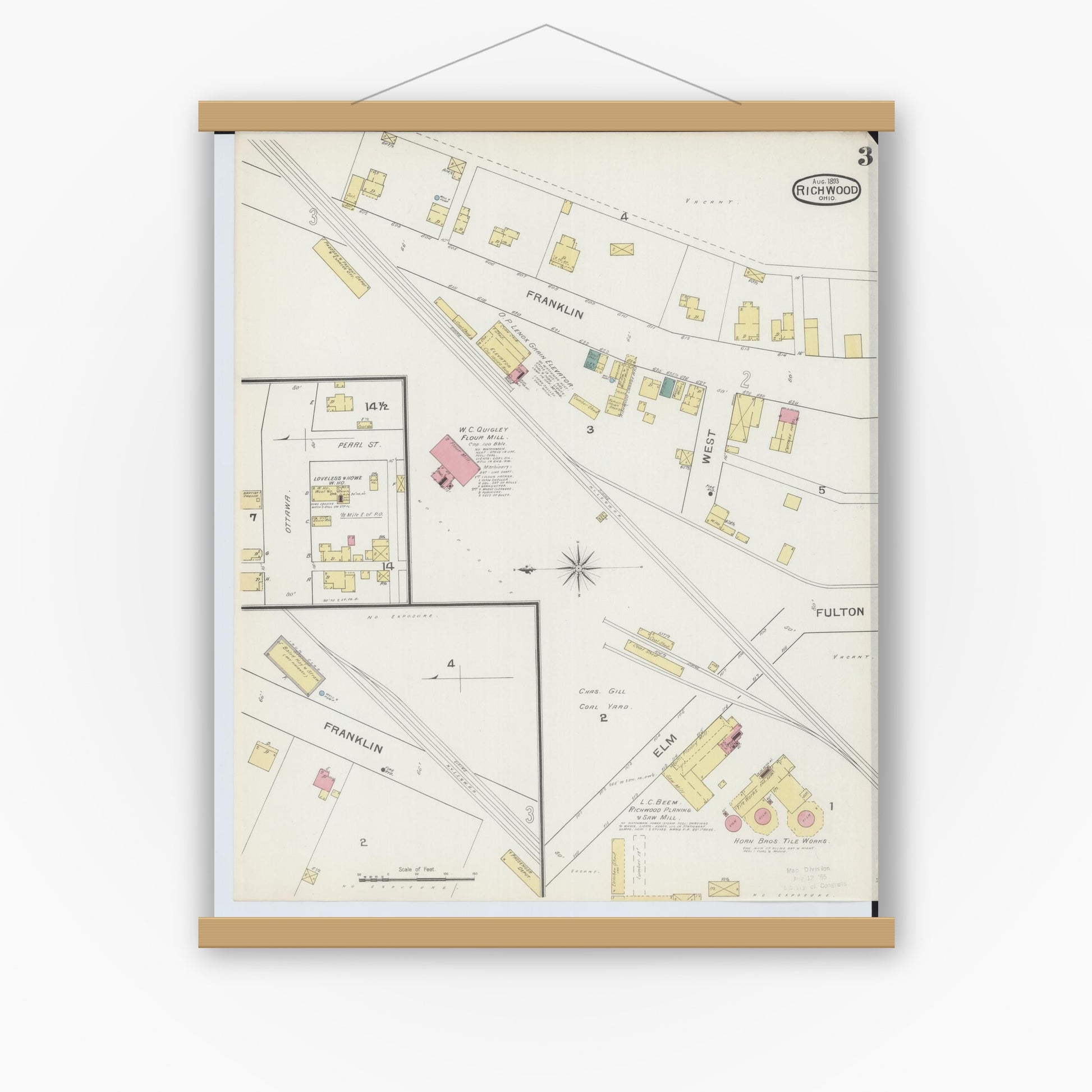 Old map wall art mockup — magnetic wood frame on white wall — Sanborn Fire Insurance Map from Richwood, Union County, Ohio (1893), Sheet #0003